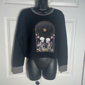 Stitch Pine Black Waffle Knit Shirt Women L Skeleton Rose Graphic Cropped Top